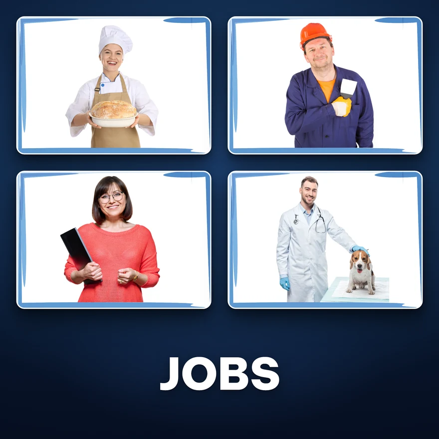Okładka kart prezentacyjnych Jobs — zawody po angielsku