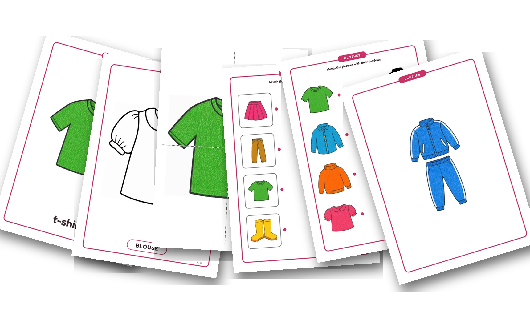 Sześć kart z działu Clothes rozłożonych wachlarzem: flashcardy z podpisami, kolorowanka, puzzle, dopasuj etykiety, dopasuj cienie