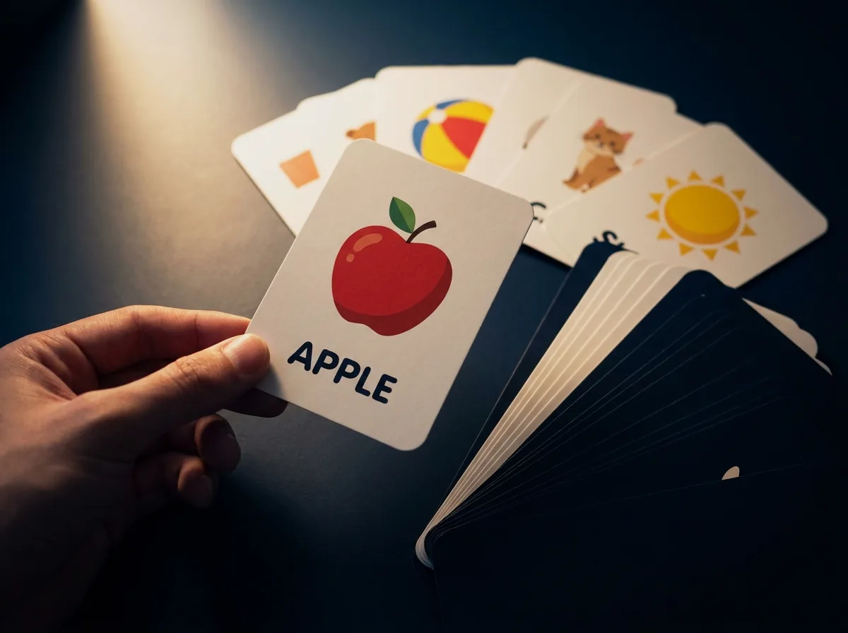 Dłoń trzyma kartę obrazkową z czerwonym jabłkiem i napisem APPLE, za nią wachlarz kart na granatowym tle