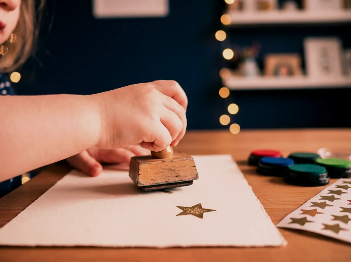 Dłoń dziecka odbija stempel z gwiazdką na kartce, obok kolorowe stempelki i arkusz naklejek, na granatowym tle