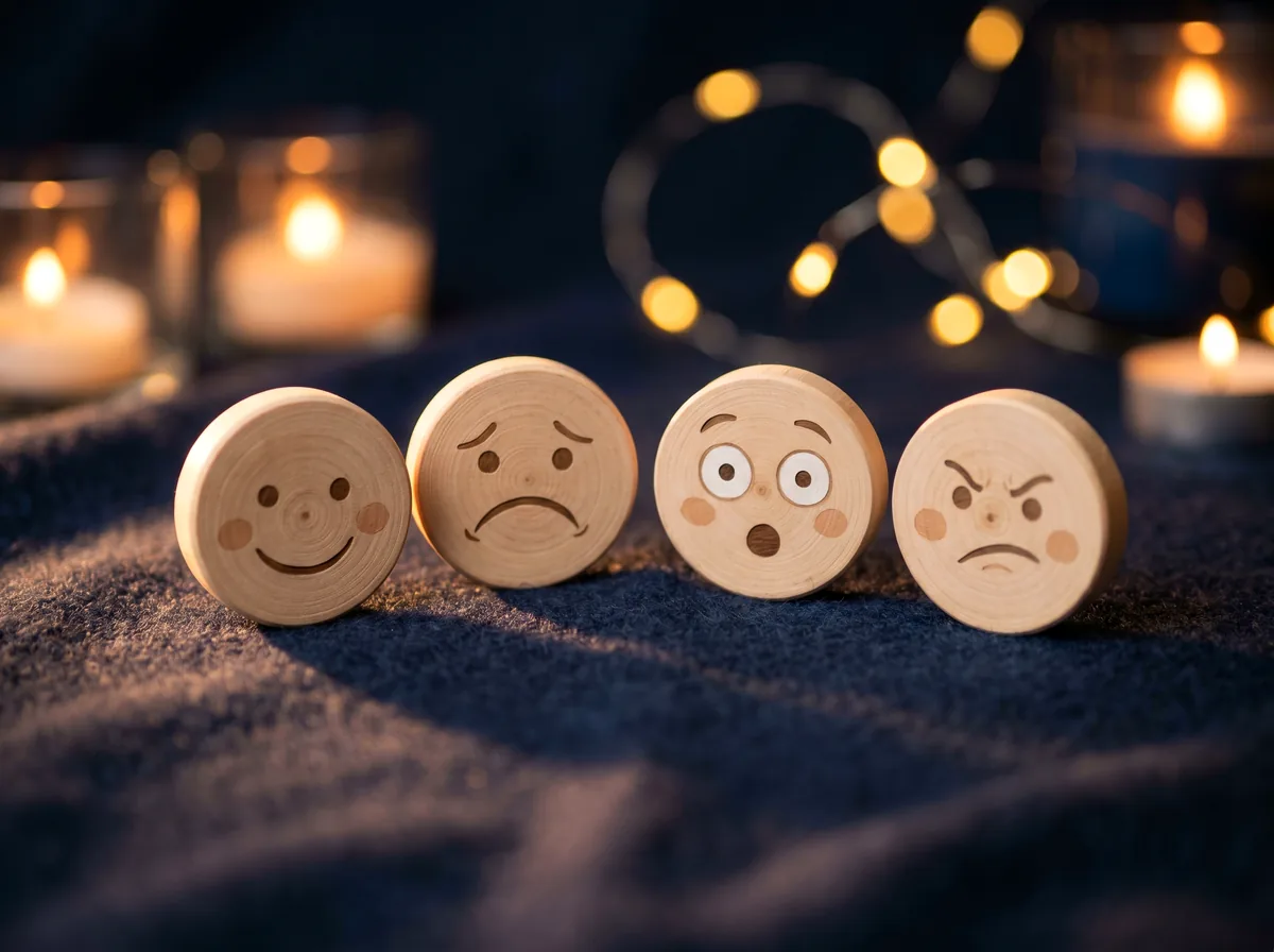 Drewniane buźki pokazujące różne emocje