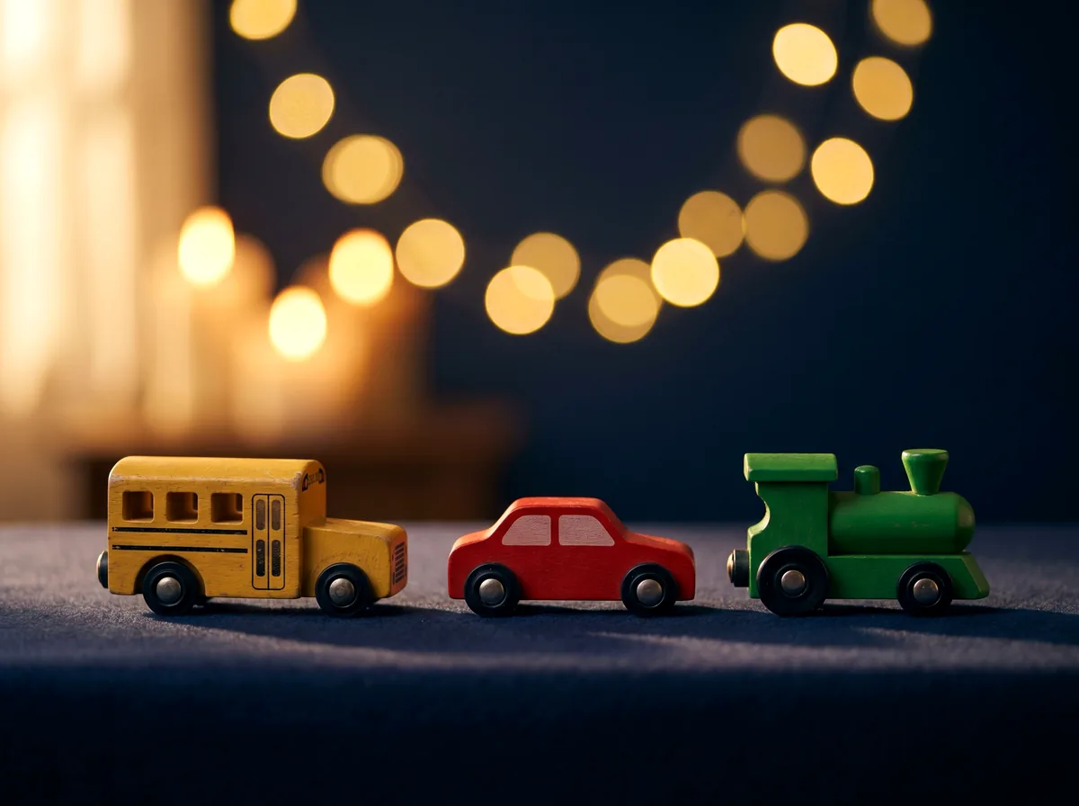 Drewniane zabawki: autobus, autko i pociąg