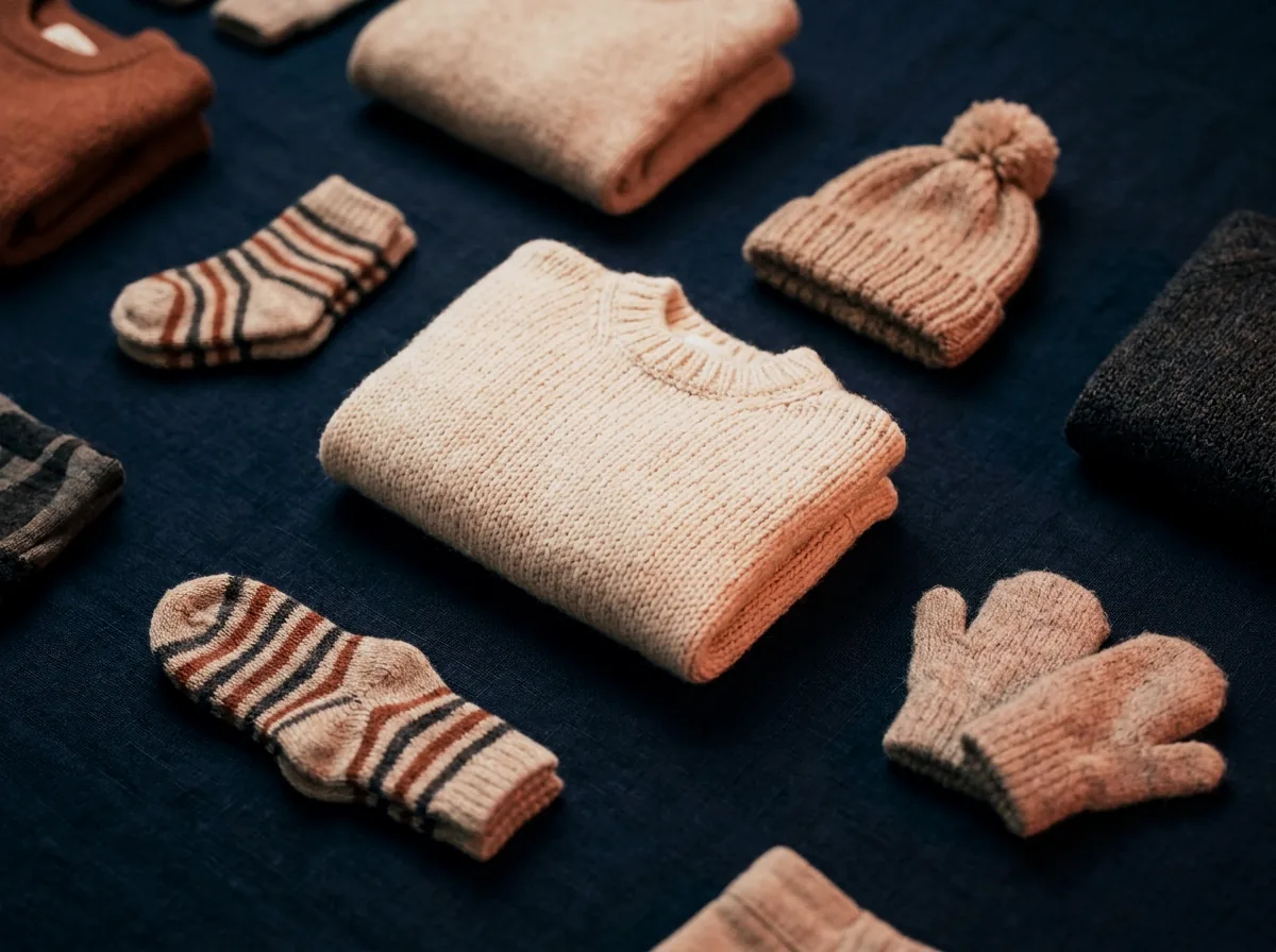 Flat-lay małych ubranek: sweterek, skarpetki, czapka, rękawiczki