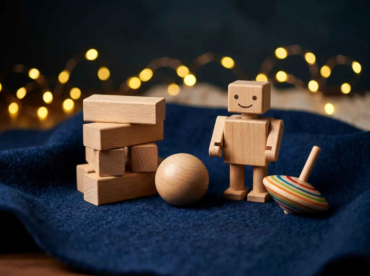 Drewniane zabawki: klocki, piłka, robot i bączek