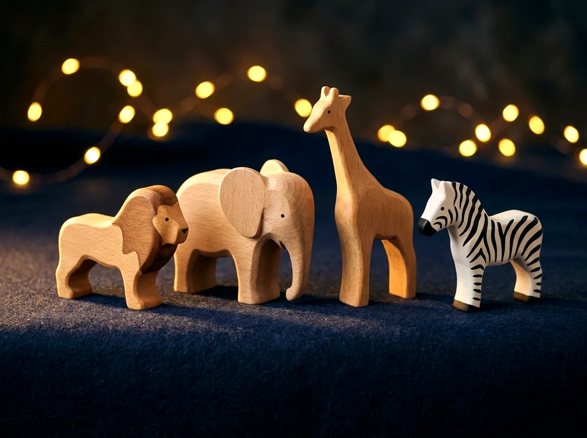 Drewniane dzikie zwierzęta: lew, słoń, żyrafa i zebra