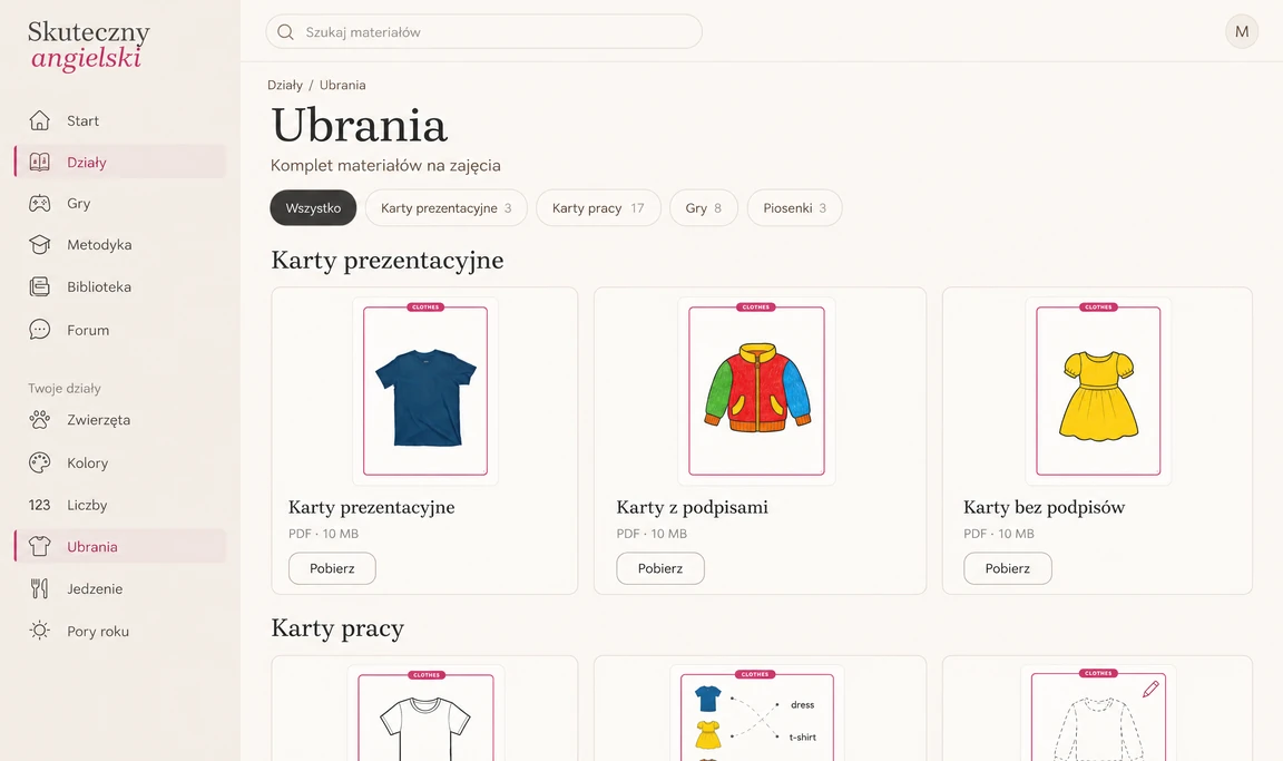 Ekran platformy, dział „Ubrania”: materiały z filtrami i trzy zestawy kart prezentacyjnych do pobrania